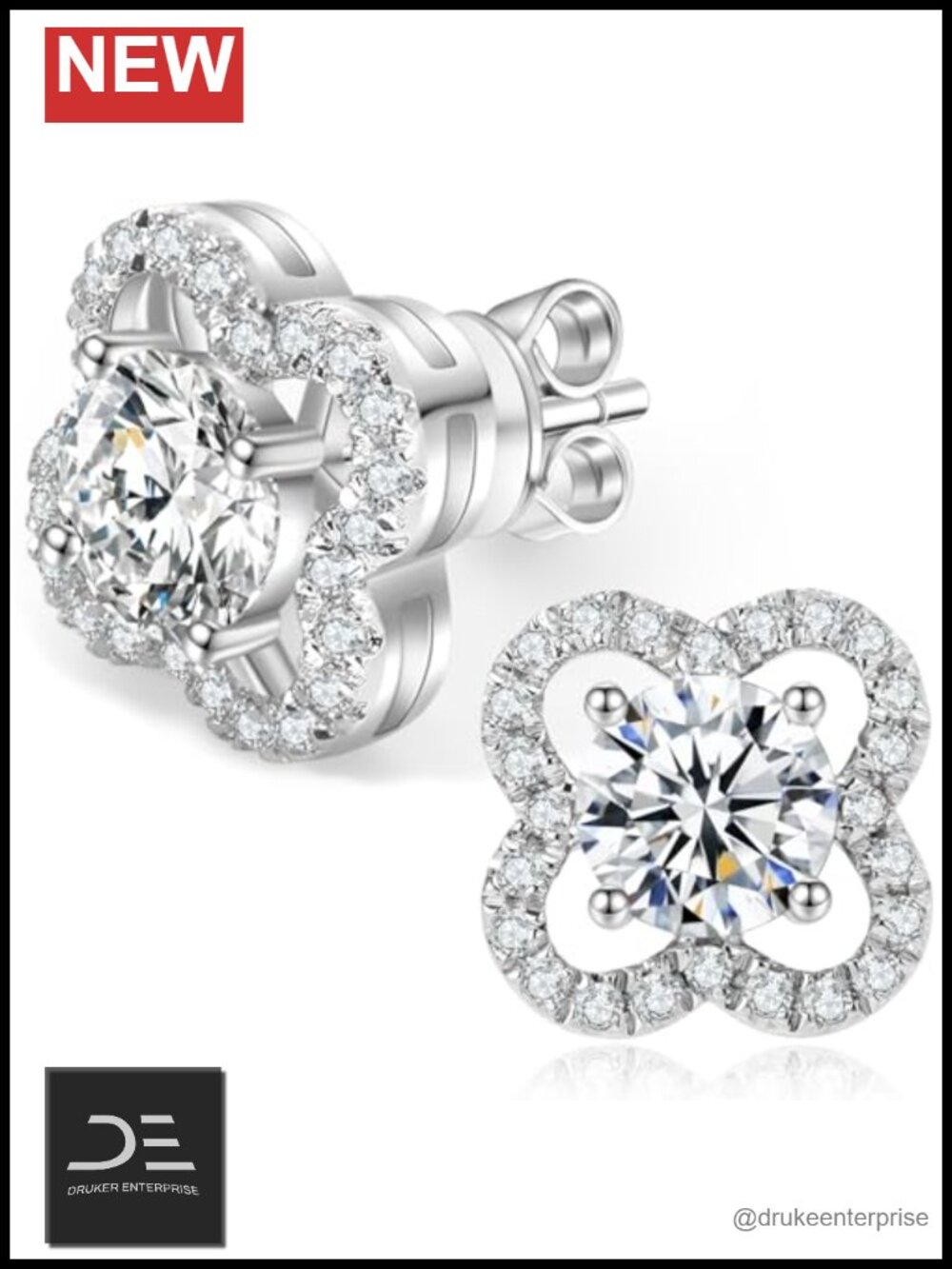 Four Leaf Clover Moissanite Stud Earrings 925 Sterling Silver 18K Gold Plated
